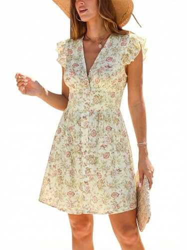 CUPSHE Women's Floral Summer Dresses V Neck Button Casual Mini Dress Flutter Sleeve Smocked Waist Vacation Sundress Floral, M | Amazon (US)
