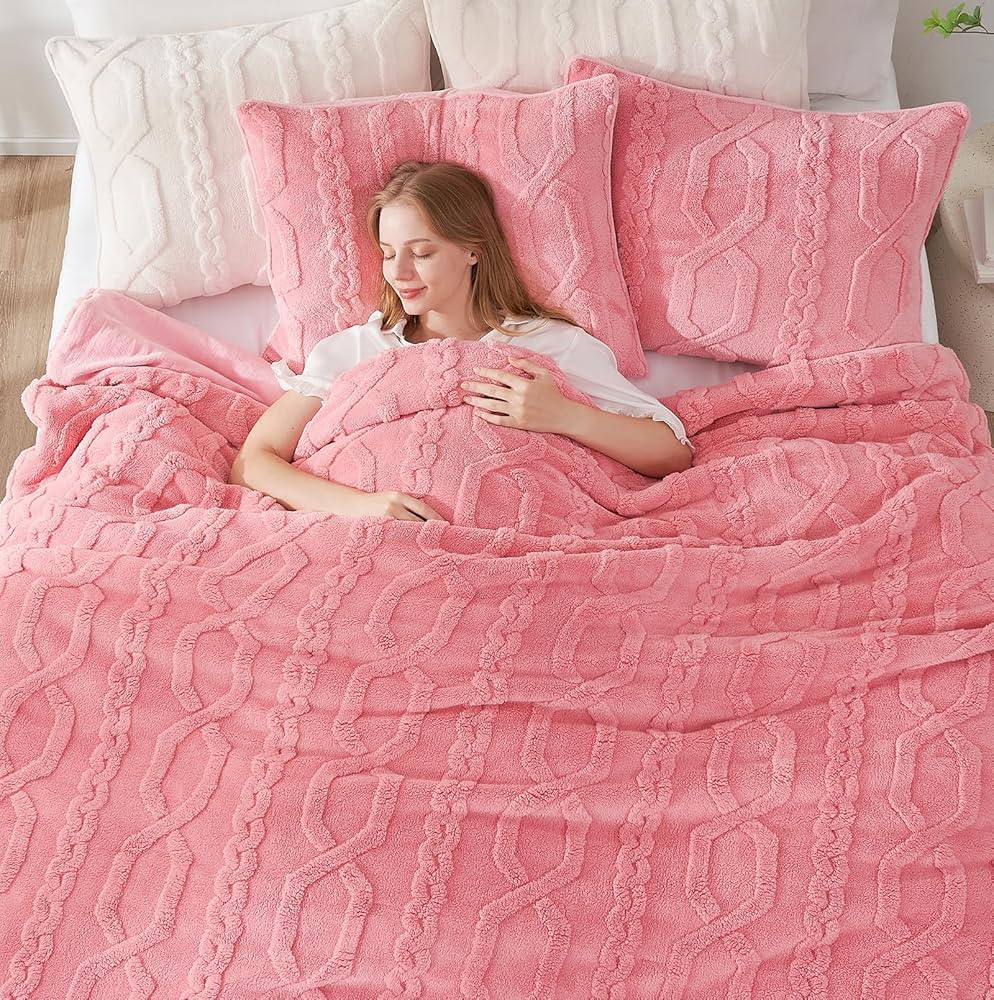 Cozy Bliss Fluffy King Size Comforter Set Pink, Jacquard Boho Texture Sherpa Bed Set, Ultra Soft ... | Amazon (US)