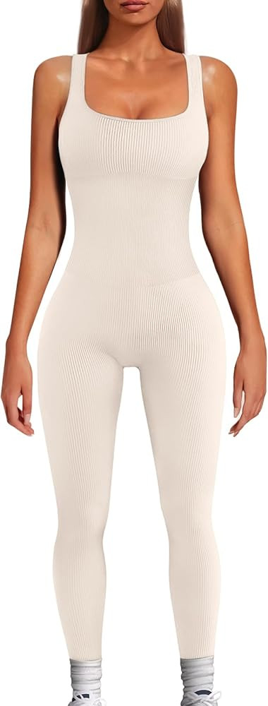 AUTOMET Women's Yoga Ribbed One Piece Tank Tops Rompers Sleeveless Workout Bodysuits Exercise Jum... | Amazon (US)
