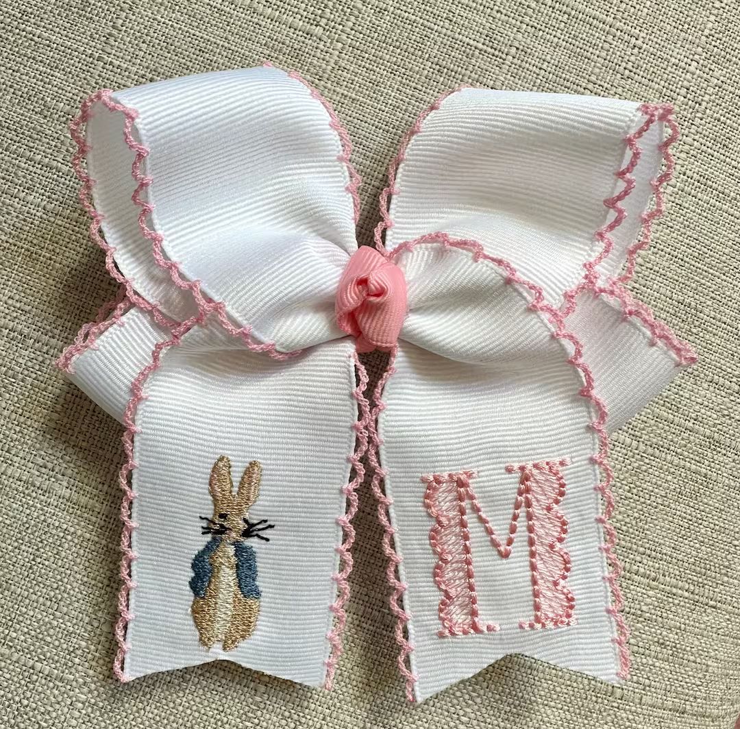 Personalized Monogrammed Medium or Large Moonstitch Hair Bow Easter Bunny Initial Hairbow, Custom... | Etsy (US)