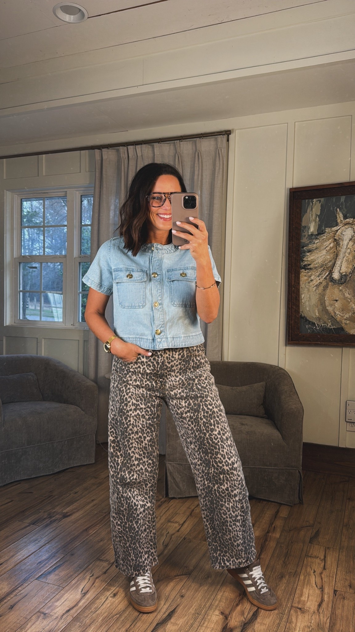 Such a good Walmart denim short sleeve top 🤍 The big gold buttons give it such an elevated look and honestly make it feel so much more expensive. Styled it here with leopard pants for a fun outfit, but this denim top can be styled so many different ways. Such a good spring wardrobe piece to dress up or down. Wearing a size XS.

Walmart denim top, short sleeve denim shirt, gold button denim top, Walmart fashion finds, leopard pants outfit, spring outfit ideas, affordable spring fashion, denim outfit ideas, elevated basics, everyday spring outfit, LTK outfit, spring wardrobe basics.

#LTKPetite #LTKspring
