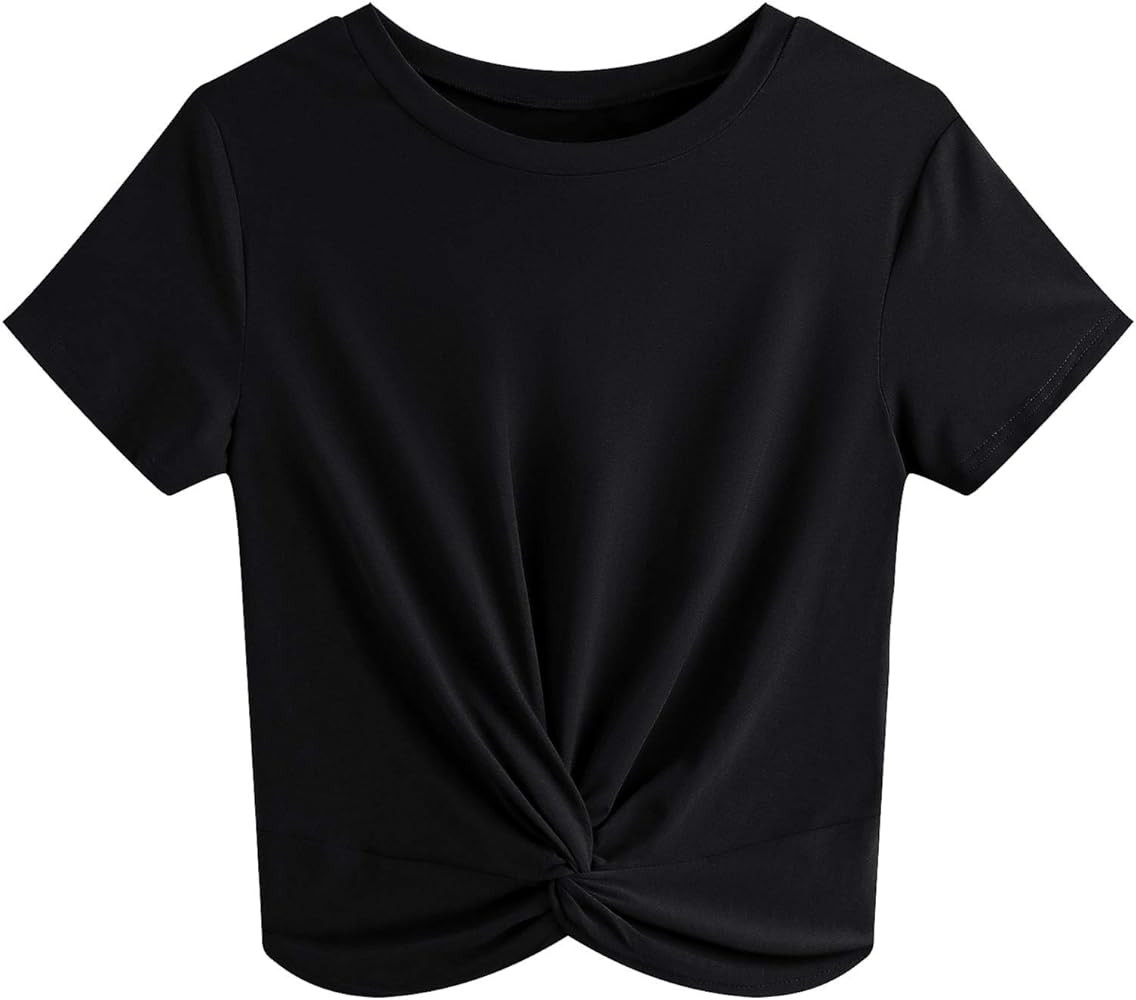 JINKESI Women's Summer Causal Short Sleeve Blouse Round Neck Crop Tops Twist Front Tee T-Shirt | Amazon (US)