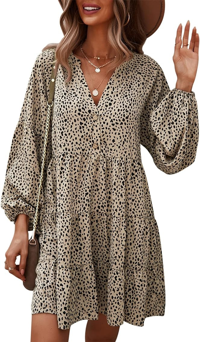 TEMOFON Womens Long Sleeve Dress: Leopard Printed Tunic Casual Loose V Neck Fall Flowy Mini Dress... | Amazon (US)
