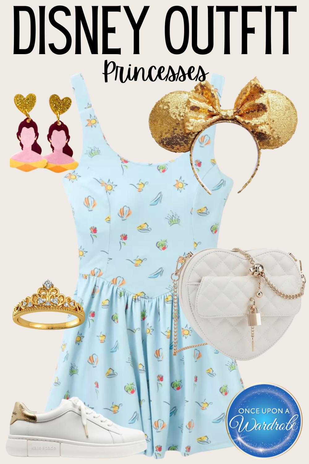 Disney princess outfit idea for the parks, Disney Cruise Line, or a royal photo moment ✨ This look is sweet, simple, and easy to wear with a light blue princess-inspired dress, gold Minnie ears, comfy white sneakers, a quilted heart bag, and princess accessories. Perfect for Magic Kingdom, Disneyland, character dining, Bibbidi Bobbidi Boutique days, or a Disney vacation outfit with a little extra sparkle. 

 #LTKootd #LTKmomlife #LTKTravel