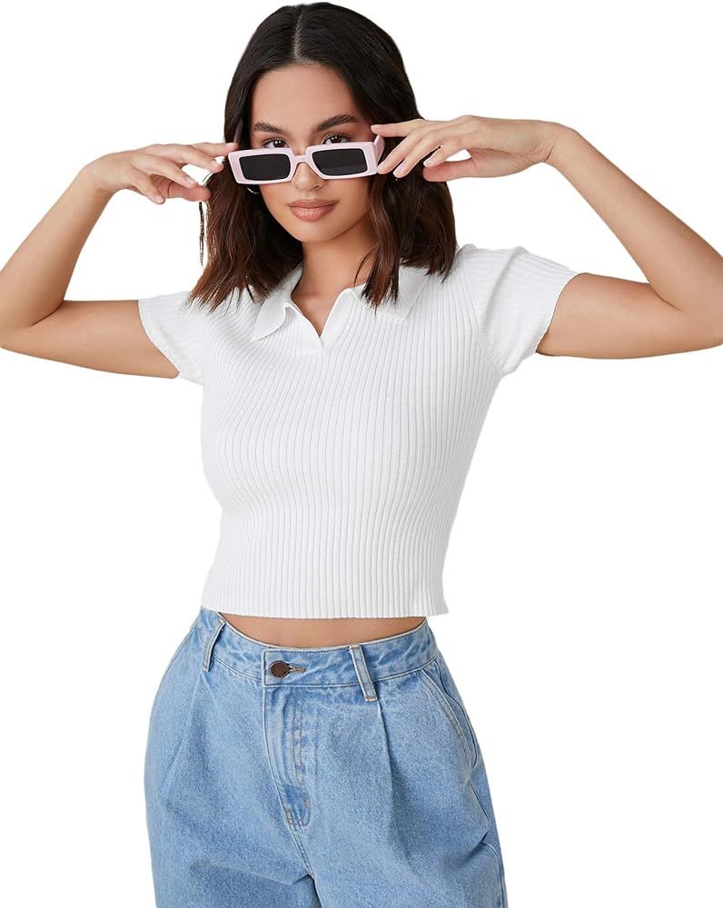 Verdusa Women's Basic Lapel Collar Short Sleeve Solid Crop Tee Shirt Top | Amazon (US)