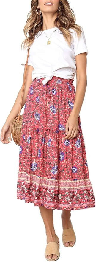 ZESICA Women's Bohemian Floral Printed Elastic Waist A Line Maxi Skirt with Pockets | Amazon (US)