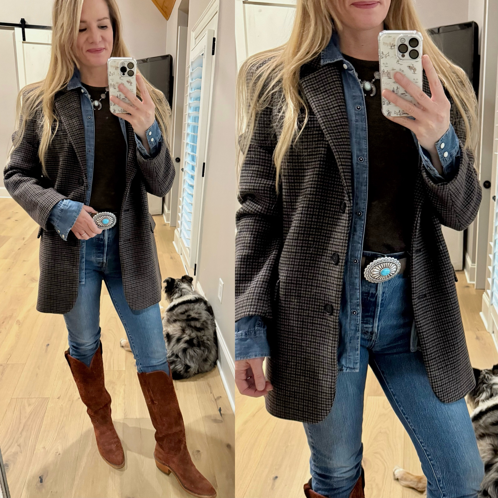 Cowgirl boots with jeans tucked in


Size reference 5’ 9” 140 lbs

Oversized blazer coat - small tall

Denim western shirt - medium tall (gap from a couple years ago)
 
Cashmere sweater - small

Straight skinny leg jeans outfit ideas- 26 x 32

Tall cowgirl boots - true to size


Western outfit. Cowboy boots outfit. Western style. Nfr outfit. Boots and jeans outfit. To the knee boots. Suede boots. 

#LTKFindsUnder100 #LTKOver40 #LTKSaleAlert