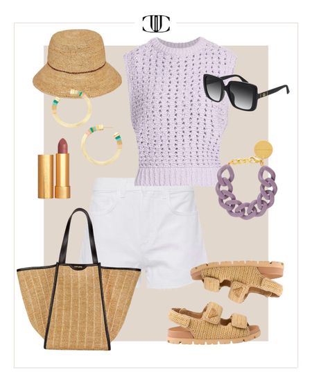 What a brilliant lavender color and these braided sandals are such a unique find  

Denim shorts, white shorts, sweater top, sun hat, sunglasses, sun hat, woven sandals, summer outfit, casual outfit, spring outfit 

#LTKover40 #LTKshoecrush #LTKstyletip