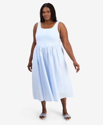 On 34th Trendy Plus Size V-Waist Mixed-Media Midi Dress, Macy's Exclusive - Cool Olive | Macy's