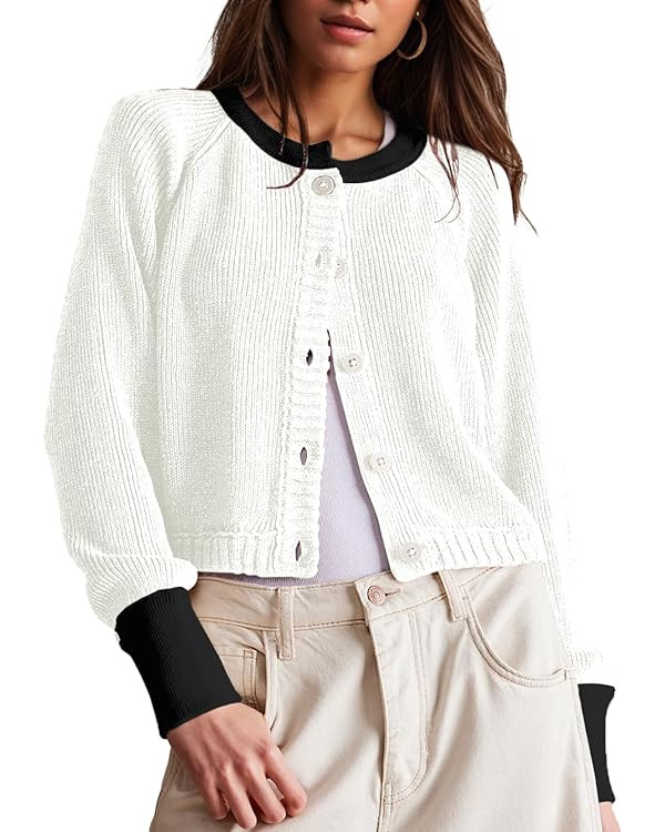 Women's Cropped Cardigan Sweaters Fall Long Sleeve Open Front Cardigans Button Down Color Block C... | Amazon (US)