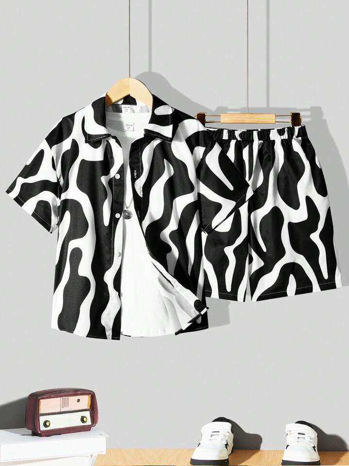 Tween Boys' Casual Button Front Shirt & Shorts Outfit With All-Over Print, Street Style | SHEIN