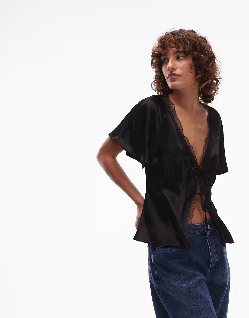 Reclaimed Vintage tie front top with lace trims in black satin | ASOS (Global)
