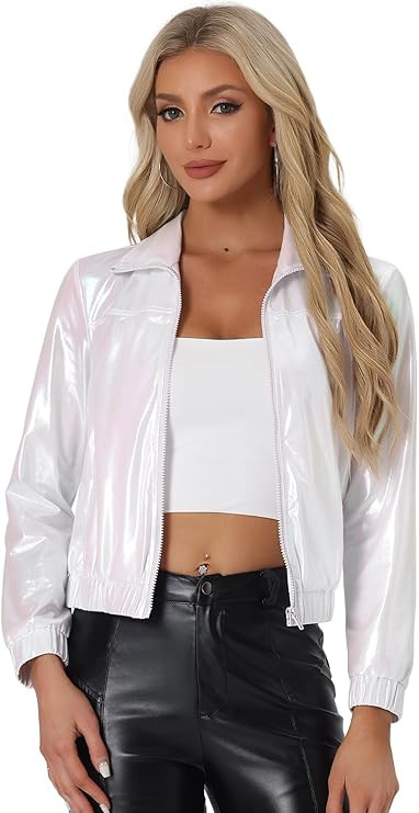 Allegra K Women's Holographic Shiny Party Christmas Long Sleeve Lightweight Zipper Metallic Jacke... | Amazon (US)