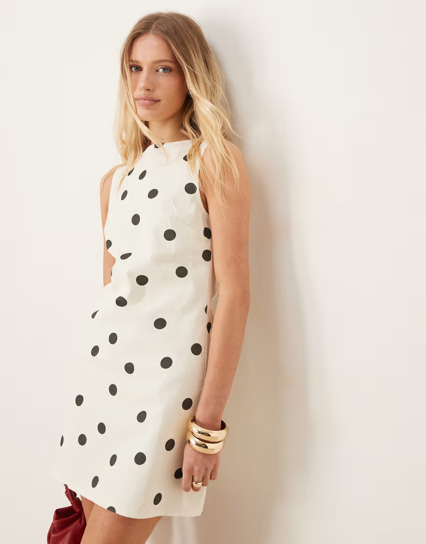 ASOS DESIGN denim mini shift dress in polka dot print-White | ASOS (Global)