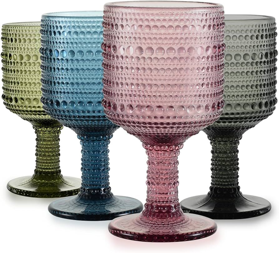 Vintage Stemmed Wine Glasses 10 OZ, Hobnail Glass Goblets, Colored Drinking Glasses for Dining Ta... | Amazon (US)