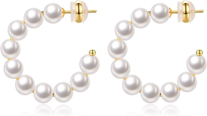 Pearl Hoop Earrings for Women Small Pearl Hoop Earrings 14K Gold Plated Lightweight Open Large Ci... | Amazon (US)