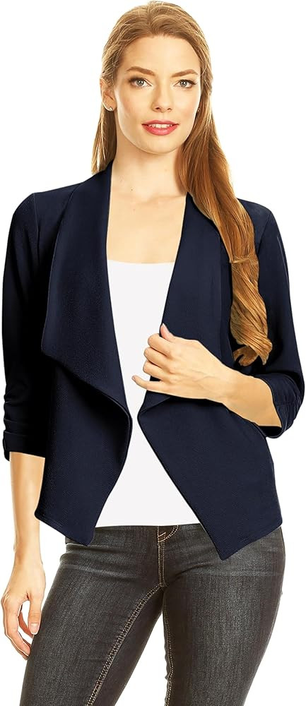 Women's Fitted Waist Length Jacket Open Front Draped Neck Ruched Sleeves | Amazon (US)