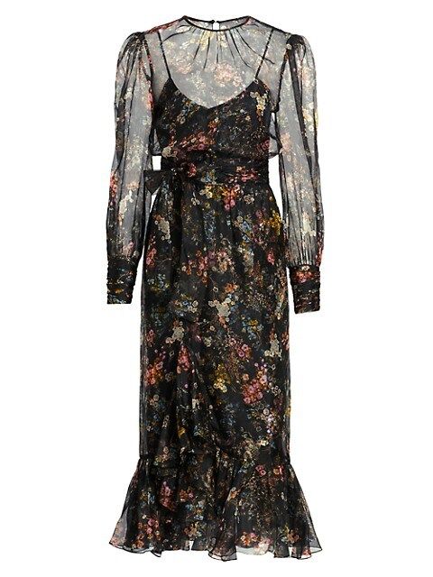 Marianne Floral Silk Long Puff-Sleeve Midi Dress | Saks Fifth Avenue