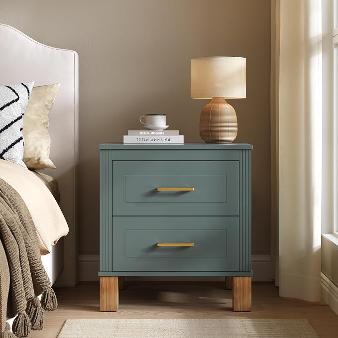 Fluted Nightstand Modern Night Stand with 2 Storage Drawers Wooden End Table with 4 Solid Wood Le... | Amazon (US)