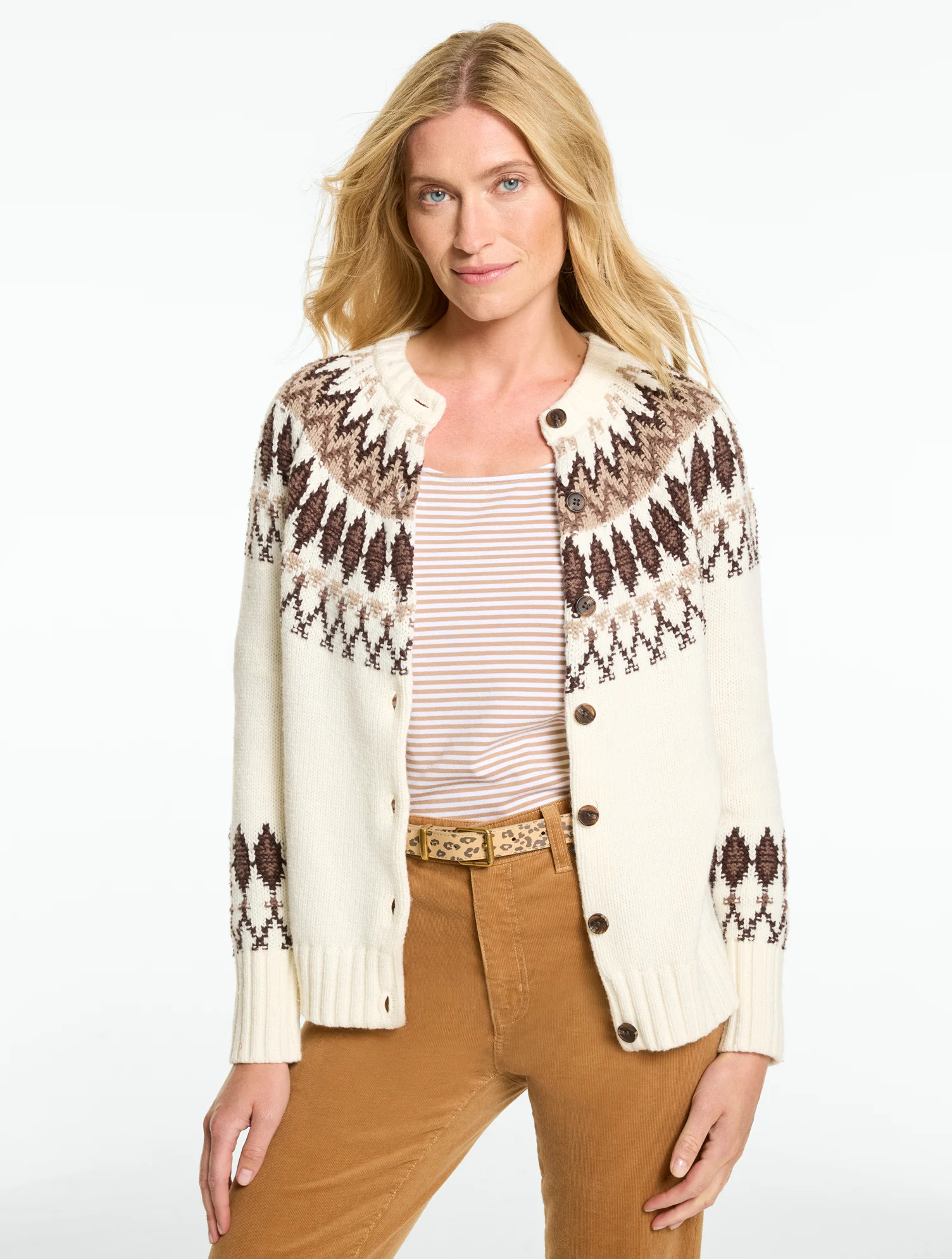 Petite - Crewneck Cardigan Sweater - Fair Isle - Ivory - XL Talbots | Talbots