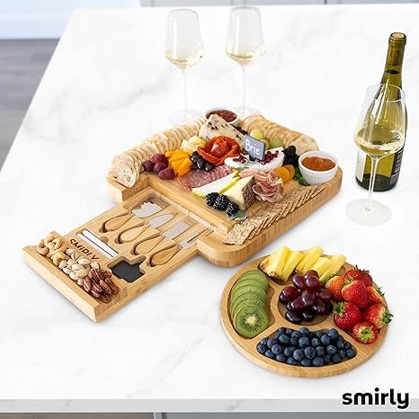 SMIRLY Bamboo Cheese Board and Knife Set: Large Charcuterie Boards Set & Cheese Platter - Unique ... | Amazon (US)