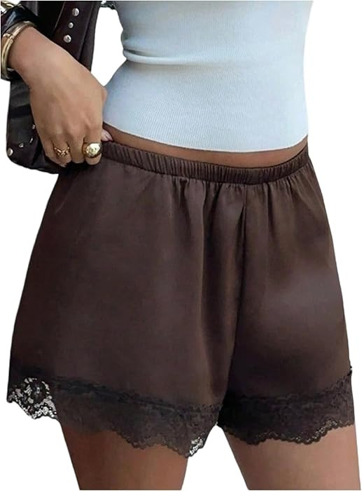 BEAUDRM Women's Lace Mini Shorts Y2k Satin Silk Coquette Micro Shorts Casual Summer Beach Outfits | Amazon (US)