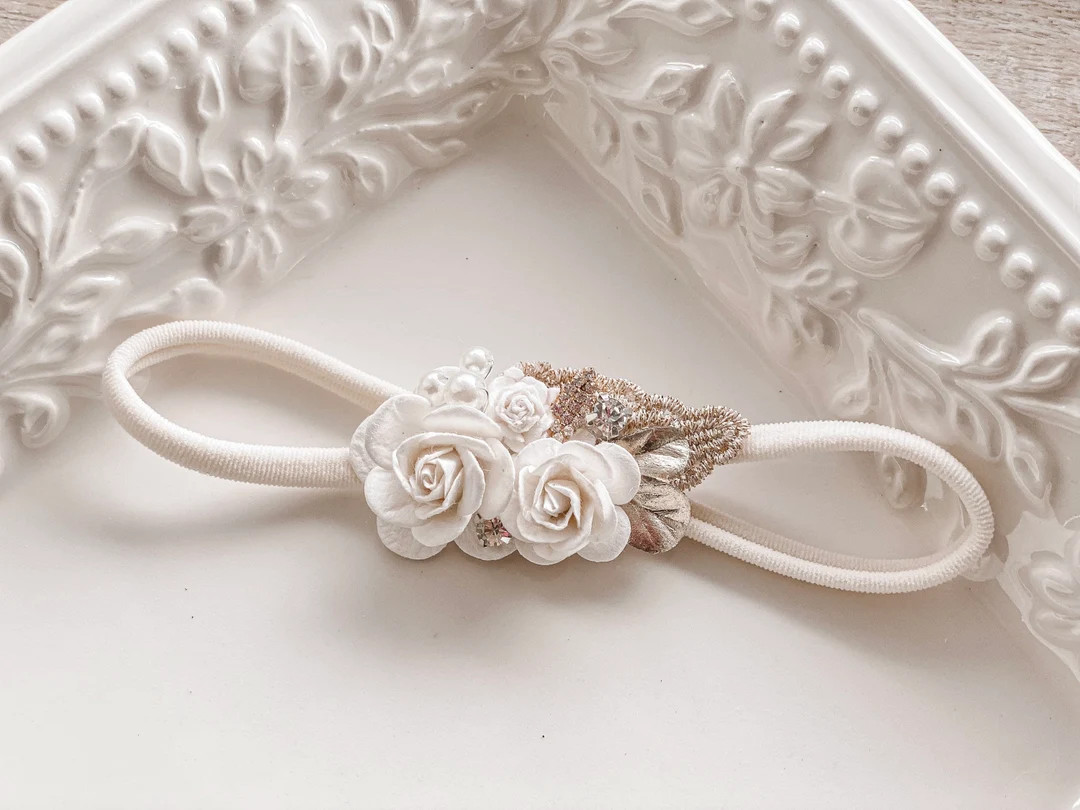 Ivory White Gold Flower Headband Baby Flower Crown, Flower Girl First Birthday Elegant Jewel Crys... | Etsy (US)