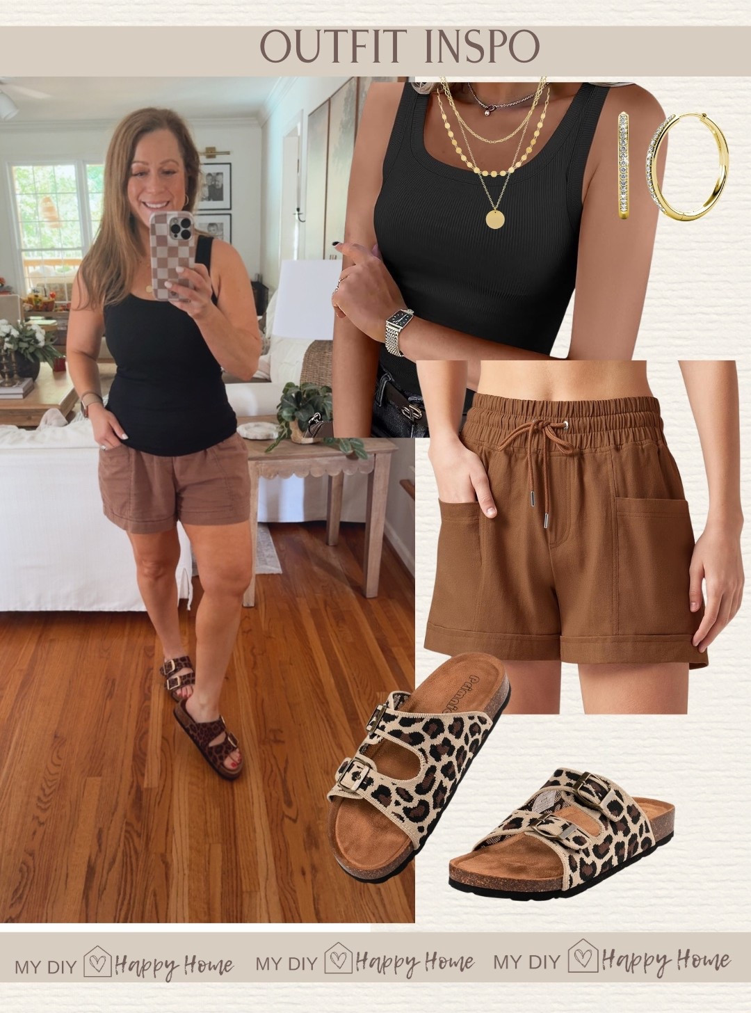 Casual Summer outfit 

Scoop neck tank is friendly I wear a small 
Shorts 
Sandals 
Layered necklaces 
Hoop earrings

#LTKootd #LTKSeasonal #LTKPetite