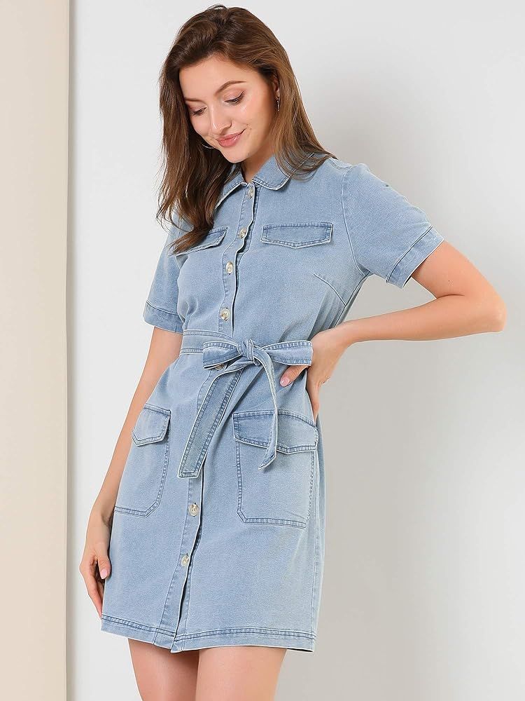 Allegra K Women's Jean Casual Collared Belted Button Down Denim Shirt Dress | Amazon (US)