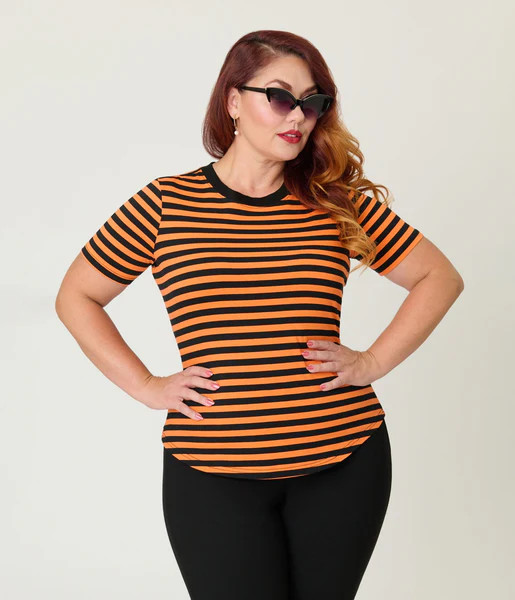 Unique Vintage Plus Size Orange & Black Stripe Back To Basics Top | UniqueVintage
