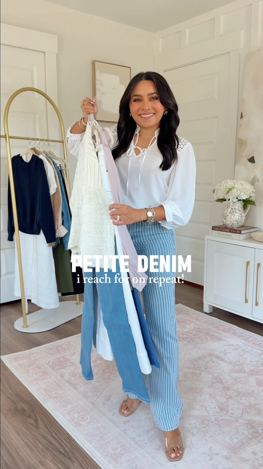 NYDJ Petite denim I reach for on repeat!
For reference: I’m 5’0, petite, 32b bra size, and 2/26 in bottoms, pear shaped.
*Everything I share is unaltered! TTS means true to size. Between size 5–6.5 in shoes

White blouse XXS TTS
Billie Mini Bootcut Ankle Jeans wash Blue Paradise – Size 0 petite, I size down a size in this brand,  25" inseam
Beige heels – Size 5 TTS

Cream sweater XXS TTS
Marilyn Straight Jeans wash Vista Lakes – Size 0 petite, I size down a size in this brand, 29" inseam
Brown sandals are Hermes, similar linked

Blush blouse XXS TTS
Pink sweater XS TTS
Marilyn Straight Jeans wash Vintage White – Size 0 petite, I size down a size in this brand,  27" inseam
Beige sandals – Size 5 TTS

White blouse XXS TTS
Marilyn Straight Jeans wash Azure Stripe – Size 0 petite, I size down a size in this brand,  29" inseam
Clear sandals – Size 5.5 TTS
Denim jacket XXS TTS

Blush blouse XXS TTS 
Teresa Wide Leg Ankle Jeans wash Optic White - Size 0 petite, I size down a size in this brand, 25” inseam
Clear sandals - Size 5.5 TTS 


#LTKPetite #LTKootd #LTKgrwm