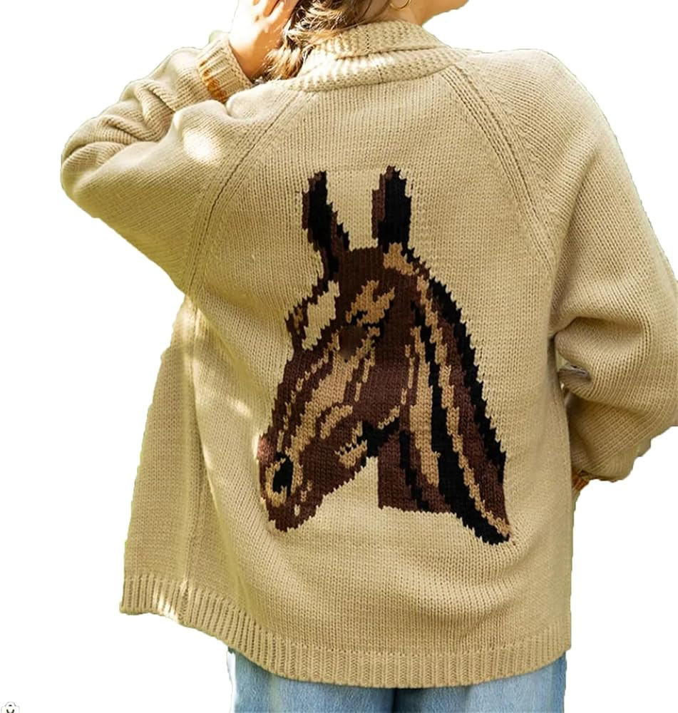Women's Horse Cardigan Sweater Knit Y2K Animal Print Sweater Coat Vintage Clothes Fall Chunky Kni... | Amazon (US)