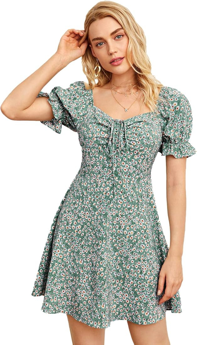 Verdusa Women's Floral Puff Short Sleeve Ruched A Line Dress V Neck Ruffle Mini Short Dresses | Amazon (US)