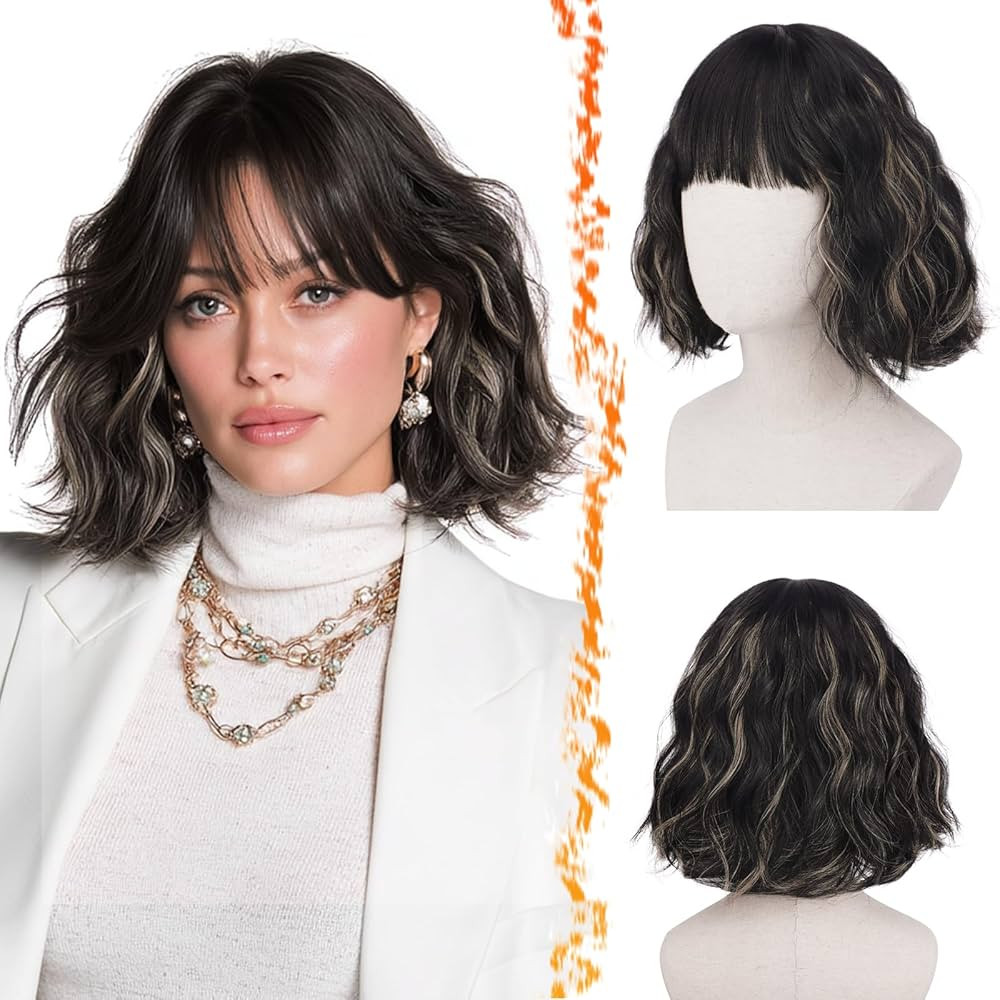 BARSDAR Short Wavy Black Blonde Wig with Bangs - Short Highlights Bob Wigs for Women - Curly Wavy... | Amazon (US)