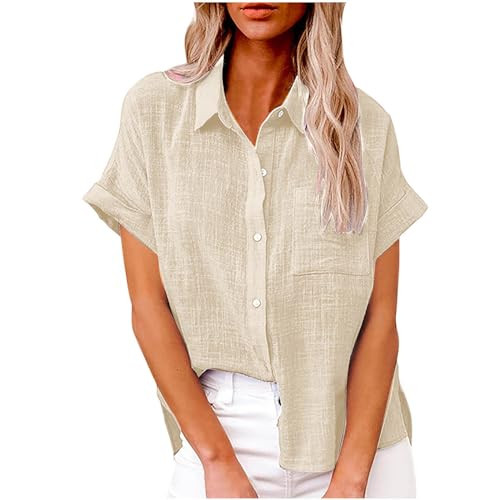 Short Sleeve Button Up Shirts for Women, Womens Cotton Linen Button Down Shirts Summer Short Sleeve Dress Blouses Plus Size Casual Collared Plain Gauzy Tops with Pocket Brown | Amazon (US)