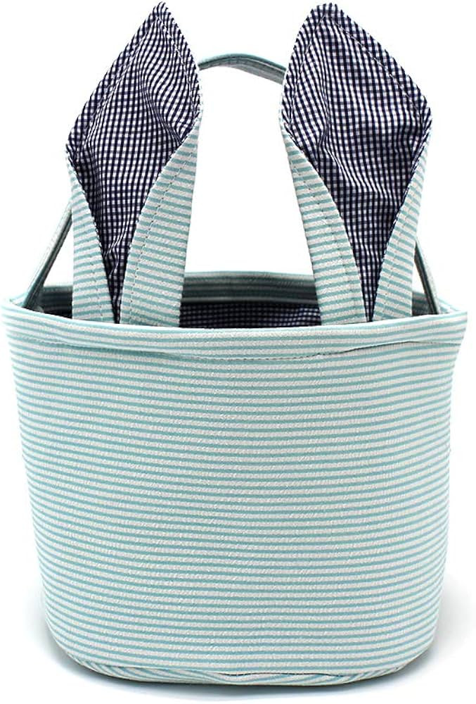 Easter Baskets Seersucker Easter Bunny Bag Bucket for Easter Egg Hunt Bunny Ears Design (Blue) | Amazon (US)
