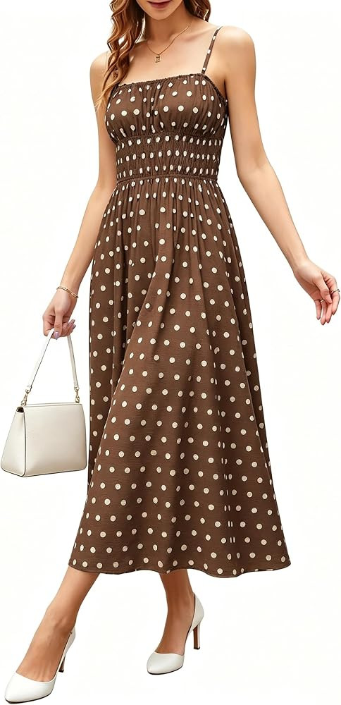 FOMELY Women's Polka Dot Smocked Spaghetti Strap Maxi Dress with Pockets | Amazon (US)