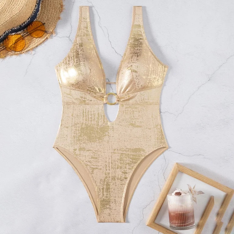 Hfnxid Women's One Piece Swimsuit Metallic Swimsuit Lightweight Deep V Neck Bathsuit Ring Linked ... | Walmart (US)