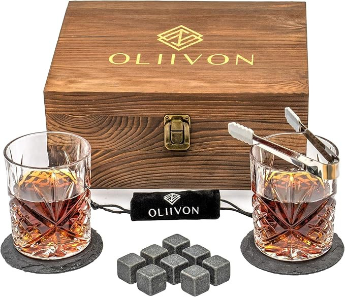 Premium Whiskey Stones Glass Gift Set - 2 Classic Whiskey Glasses, 8 Chilling Whisky Rocks, 2 Sla... | Amazon (US)