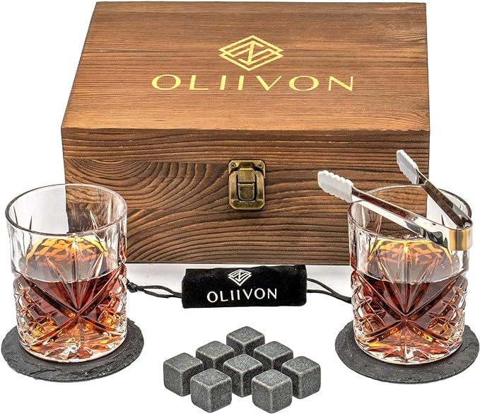 Premium Whiskey Stones Glass Gift Set - 2 Classic Whiskey Glasses, 8 Chilling Whisky Rocks, 2 Sla... | Amazon (US)