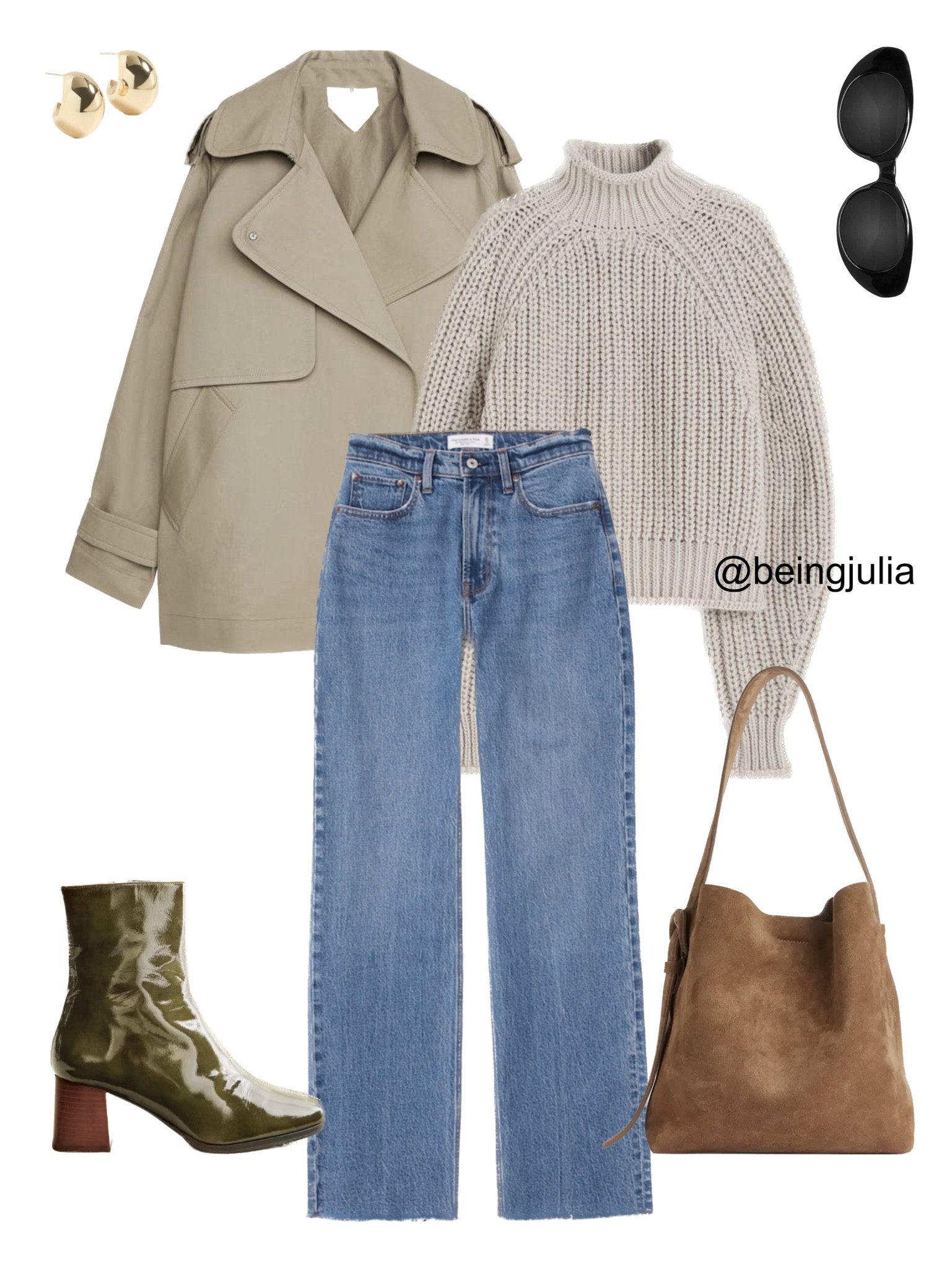 Fall outfit inspiration - details below:
-Short trench coat from Arket
-Knit Mockneck sweater in beige from H&M
-90s relaxed jeans in a medium wash denim from Abercrombie 
-Suede tote bag in tan from Arket
-Celine Triomphe 52mm sunglasses in black acetate 
-Chunky gold drop earrings from Shopbop
-Patent leather ankle boots in a khaki green from Sézane 


#LTKSeasonal #LTKstyletip #LTKfindsunder100