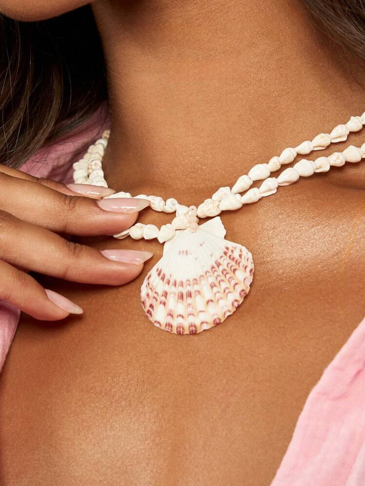 MISSGUIDED Handmade Natural Shell Pendant Necklace Bohemian Double Strand Cowrie Statement Choker Summer Beach Hawaiian Vacation Festival Jewelry Surfer Accessory | SHEIN