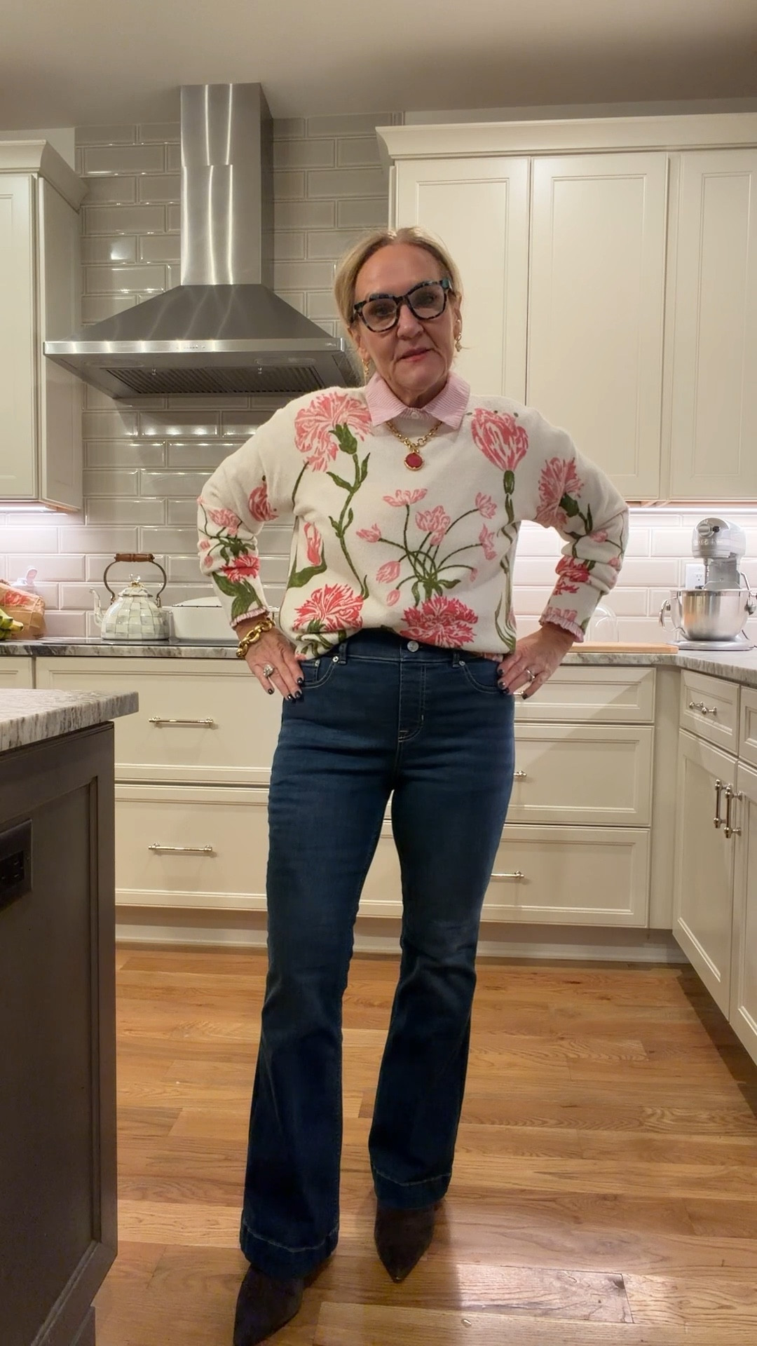 @spanx flare pull-on jeans. This is the full price fully stocked 2.0 version. The old version is available in limited sizes but anything on sale is a final sale.

Sizing to note: I’m wearing a medium petite and I’m usually a size 8. If you are inbetween sizes, size up. If you are hippy or apple shaped, sized up.

Sweater size medium
Blouse true to size. I sized up and didn’t need to.
@julievos accessories
Brown suede booties size up 1/2

#LTKOver40 #LTKPetite #LTKootd