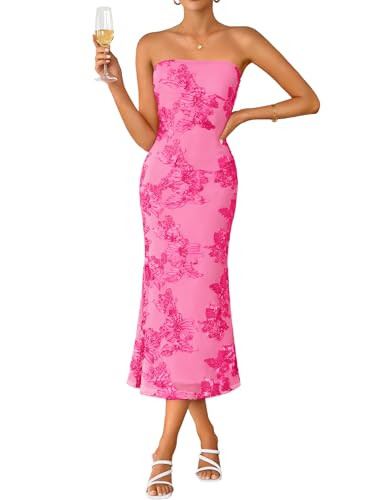 ZESICA Summer Strapless Floral Wedding Guest Dress for Women Rose XS | Amazon (US)