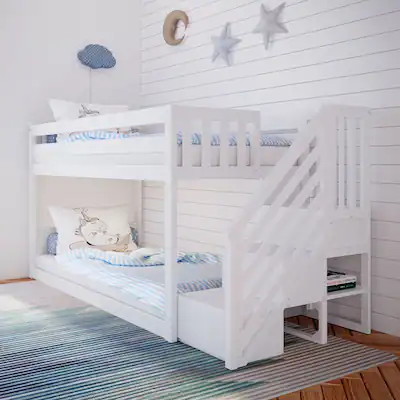 Max & Lily Twin over Twin Low Bunk Bed with Staircase, White | Bed Bath & Beyond