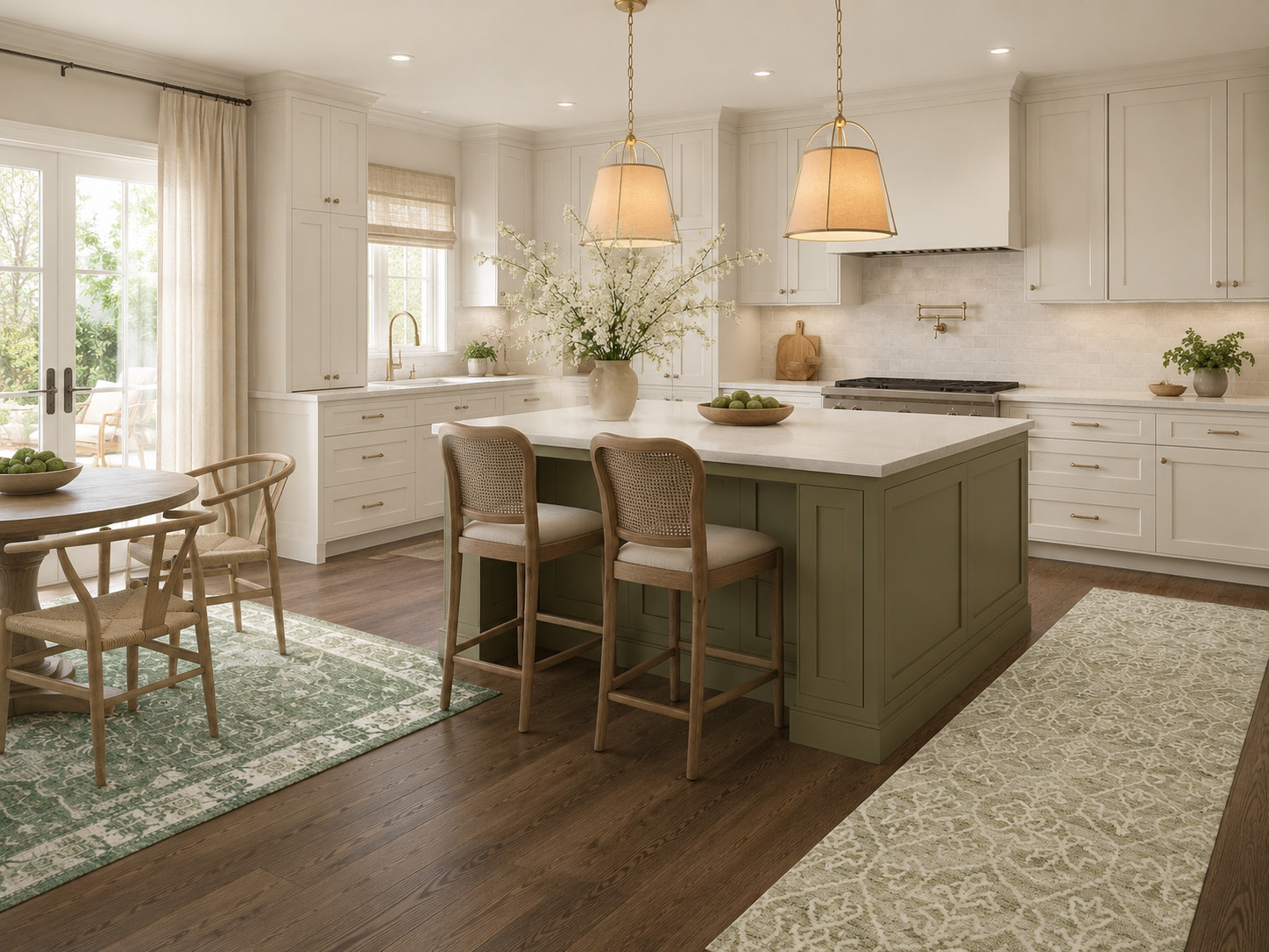Created by request. A kitchen with a bit of green, keep it soft and easy to live with. We chose Benjamin Moore's Home on the Range for the island and Marble White for the cabinets. The Table and chairs are subtle but effective. Soft, light filtering curtains on the patio door, with an equally soft roman, woven wood blind in the window. 
#kitchendesign #sagegreen #humandesigner #wayfairhome #furniture 

 #LTKhome #LTKmidsize #LTKstyletip
