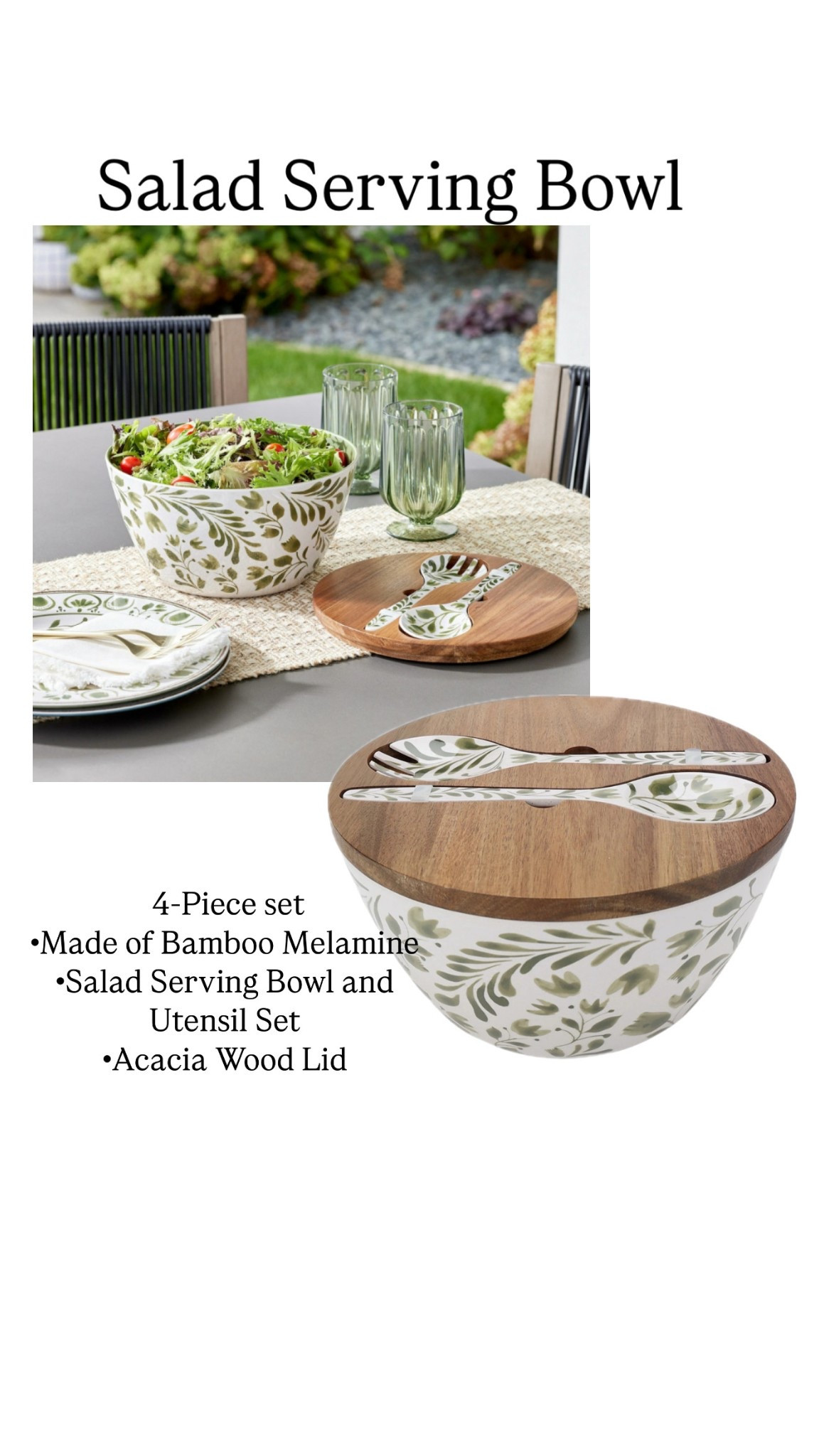  4-Piece Bamboo Melamine Salad Serving Bowl and Utensil Set with Acacia Wood Lid

Top rack dishwasher safe
Comes in green, gray or blue 

#LTKSeasonal #LTKHome #LTKFindsUnder50