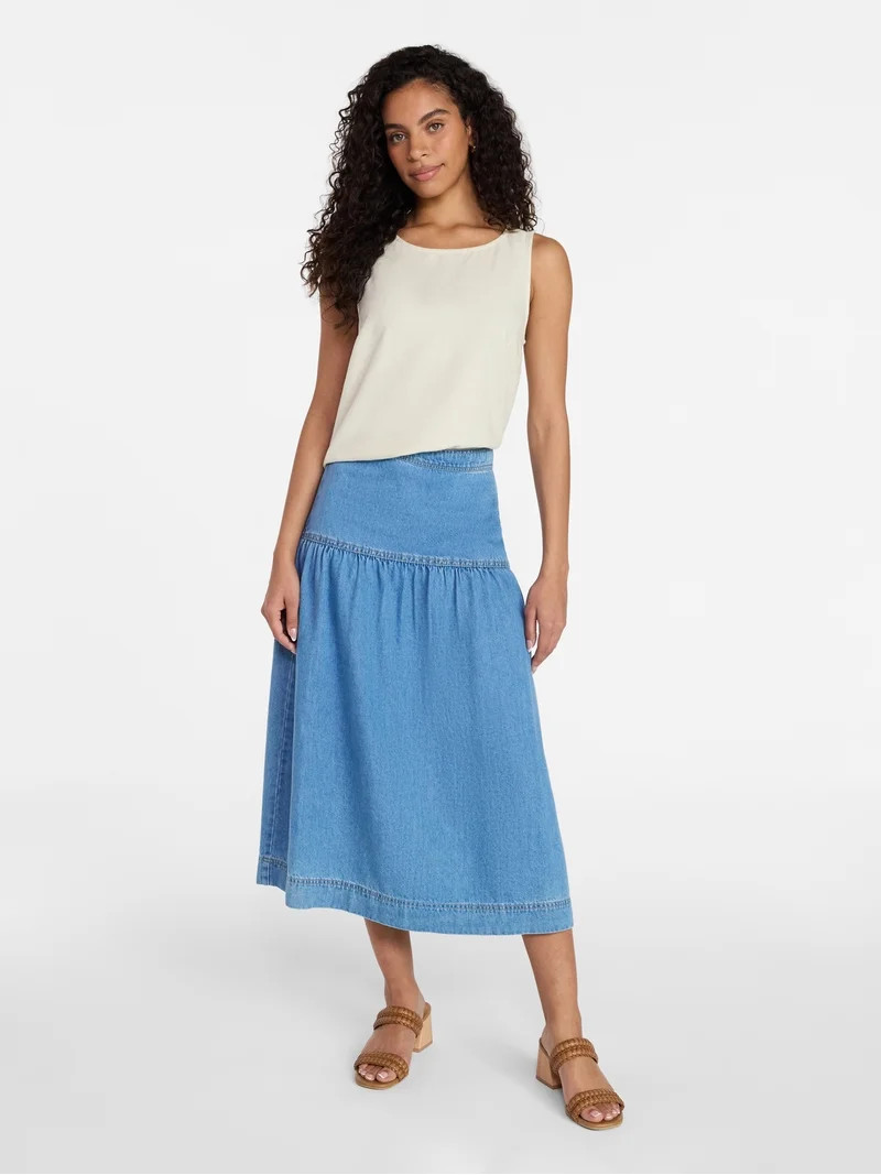 Time and Tru Women's Drapey Denim Midi Skirt, Sizes 0-20 | Walmart (US)