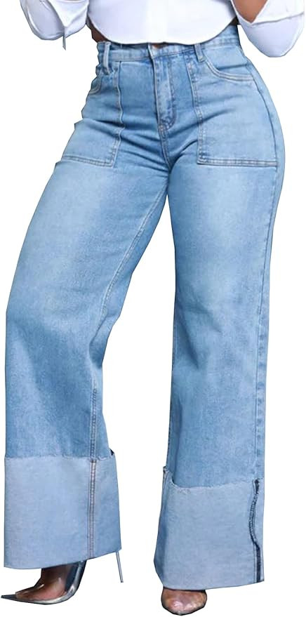 Women's Wide Leg Straight Jeans High Waisted Baggy Stretch Loose Denim Pants | Amazon (US)