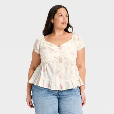 Women's Puff Short Sleeve Pintuck V-Neck Blouse - Universal Thread™ Cream Floral 4X | Target